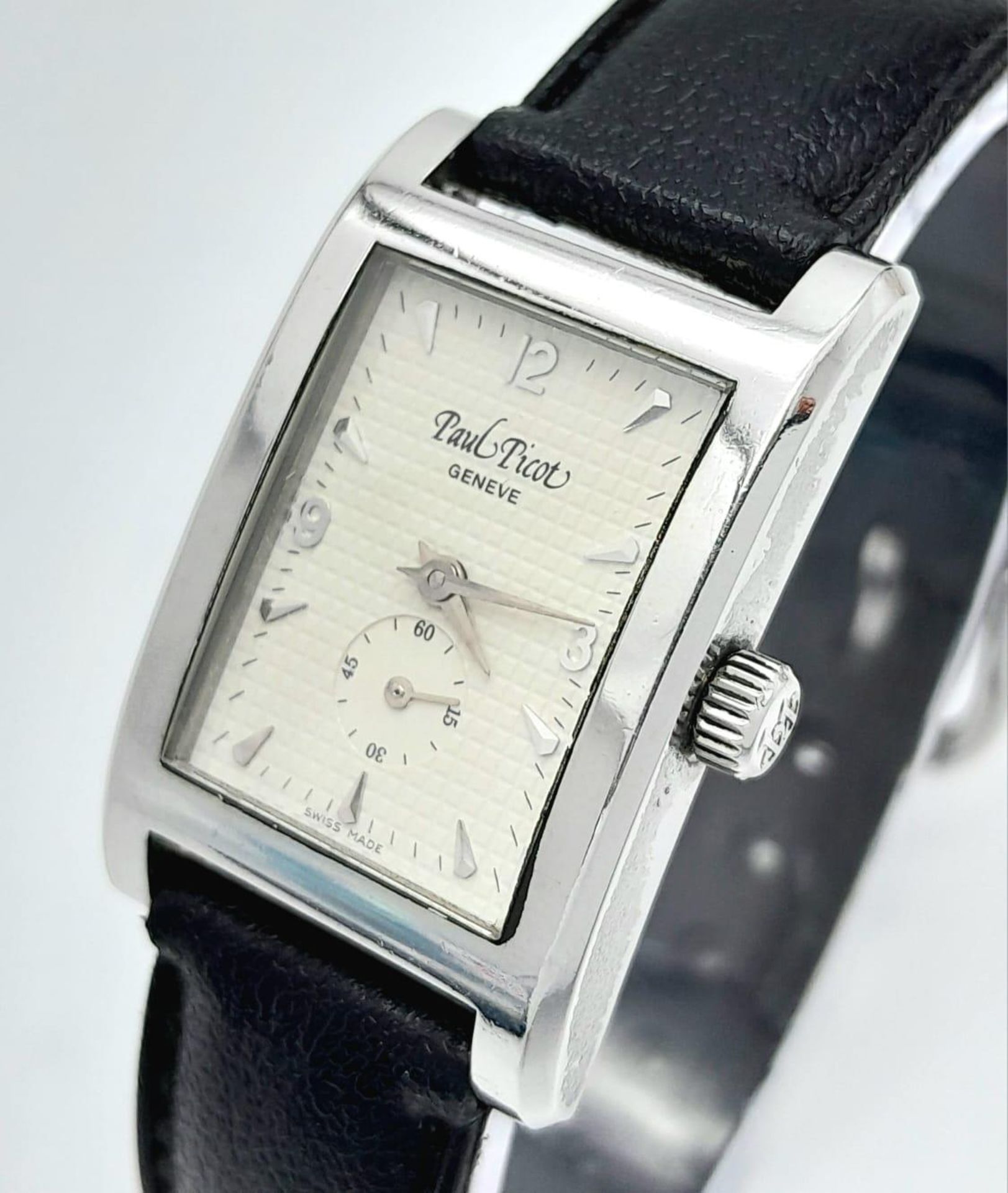 A Vintage Paul Picot Quartz Tank Ladies Watch. Black leather strap. Stainless steel case - 23mm. - Bild 2 aus 7