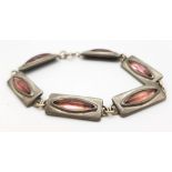 A Rare and Unique, Vintage Jorgen Jensen Denmark Pewter and Pink Glass Bracelet. 20cm Length. Fully