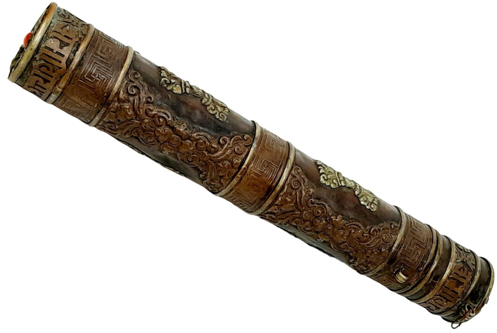 A Bronzed/Copper Tibetan Scroll Holder. Set with Cabochons Top and Bottom and Measures 35cm Length - Image 2 of 4