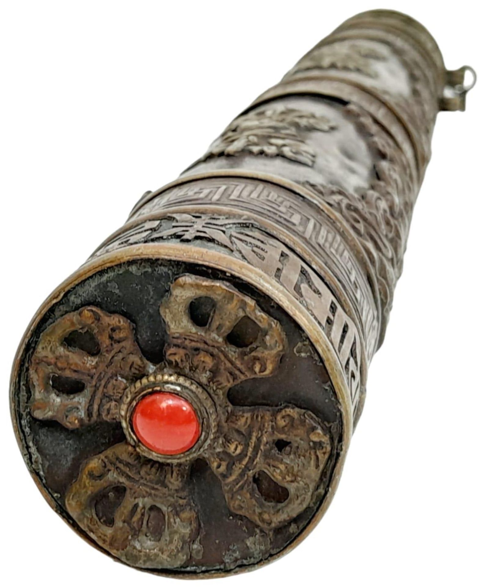 A Bronzed/Copper Tibetan Scroll Holder. Set with Cabochons Top and Bottom and Measures 35cm Length - Image 3 of 4