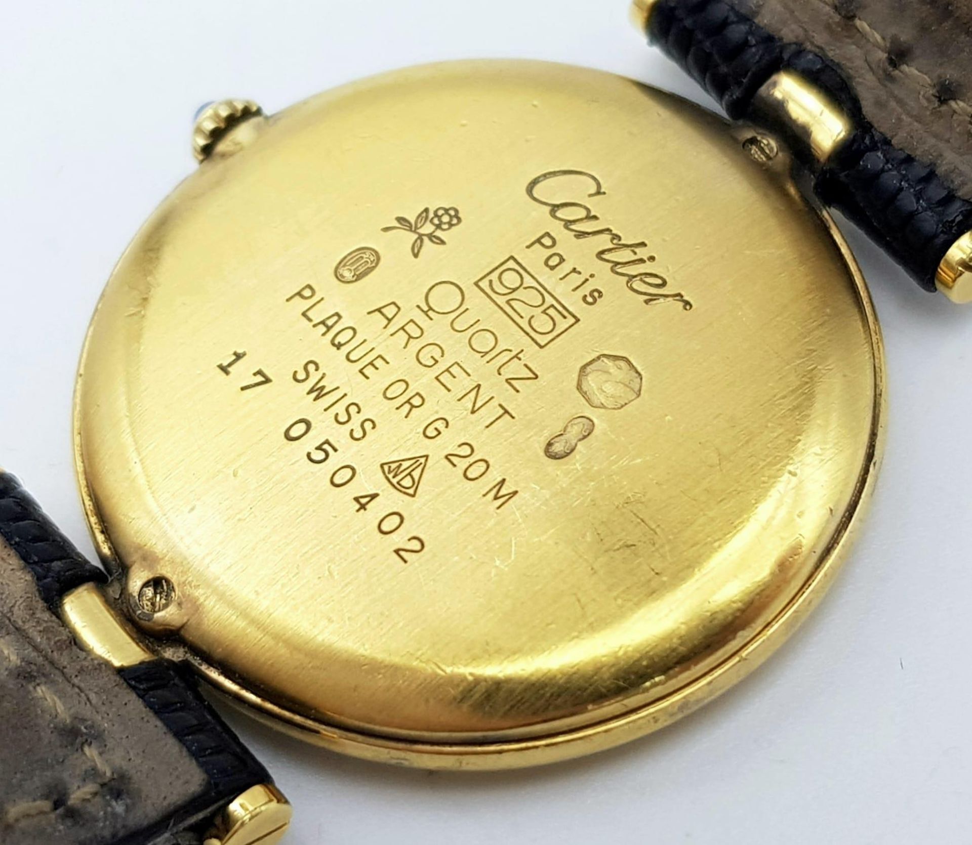 A Vintage (1980s) Must de Cartier Gold Plated Quartz Ladies Watch. Black leather strap. Gold - Bild 5 aus 9