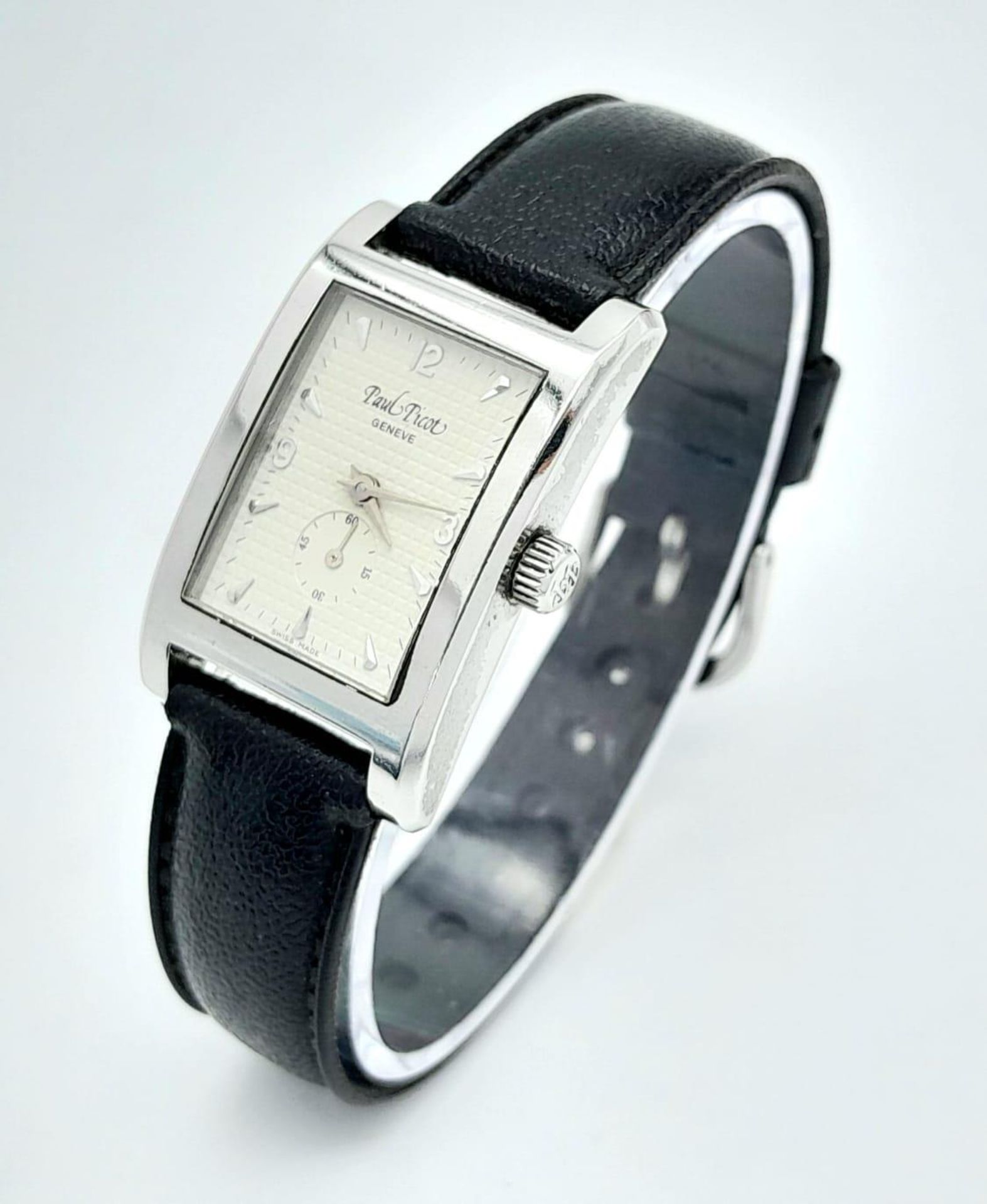 A Vintage Paul Picot Quartz Tank Ladies Watch. Black leather strap. Stainless steel case - 23mm.