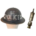 WW2 British Home Front Special Constable’s Helmet, Truncheon and Whistle. An attic find during a