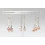 Three Pairs of Freshwater Pearl and 925 Silver Drop Earrings. White, lavender and peach shades. Drop