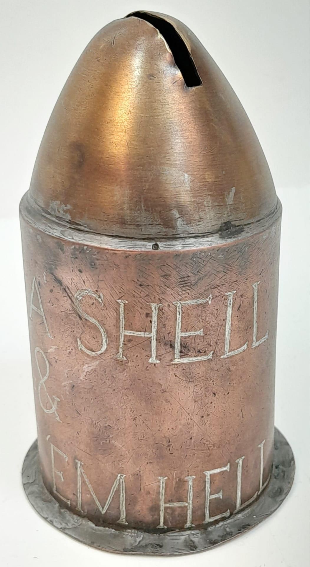 WW1 “Buy a Shell & Give em Hell” Home Made Shop Counter Collection Tin, With 2 pennies inside. - Image 2 of 4