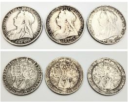 Three Queen Victoria Silver Florins - 1898,99 and 1900. Please see photos for conditions.