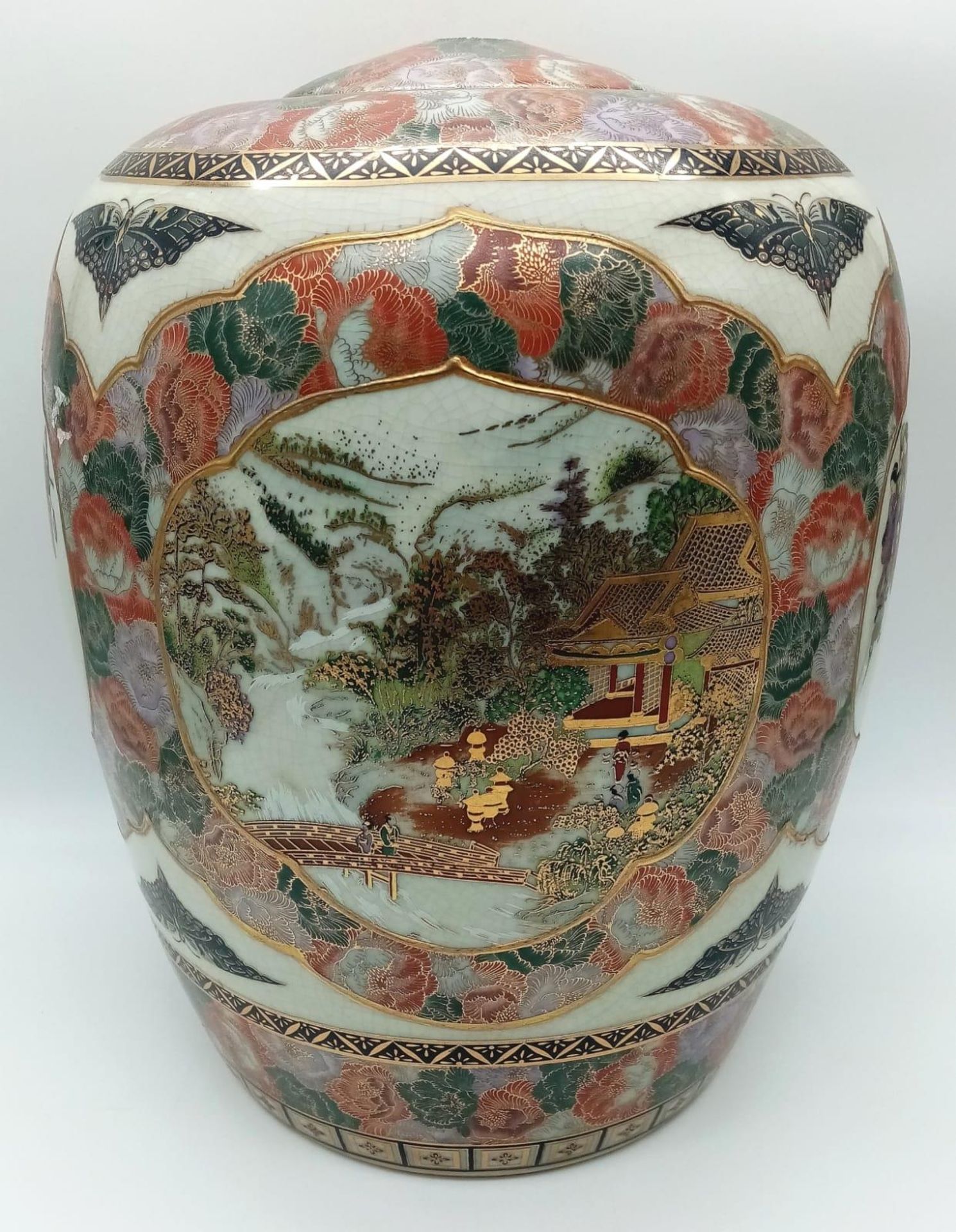 A LARGE ORIENTAL JAR IN THE STYLE OF YABU MEIZAN , HAS HOLES TOP AND BOTTOM READY FOR WIRING AS A - Image 2 of 13