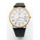A very elegant, slimline, 9 K yellow gold, LONGINES - PRESENCE watch, 32 mm case, white dial with