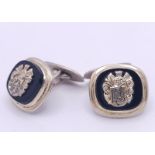 A Vintage Pair of Scandinavian Silver and Onyx Crested Cufflinks. 2cm Width. Gross Weight 14.03