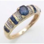 14K YELLOW GOLD DIAMOND & SAPPHIRE RING, WEIGHT 2.7G SIZE L