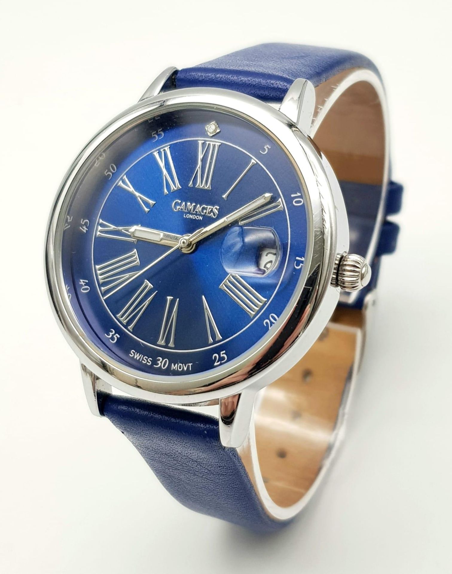 A Gamages of London Quartz Ladies Watch. Blue leather strap. Stainless steel case - 37mm. Ice blue - Image 2 of 6