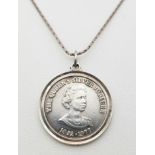 A vintage sterling silver Queen's Jubilee coin pendant on silver chain. Full hallmarks Birmingham,