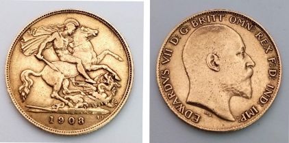 AN EDWARD VII 22K GOLD HALF SOVEREIGN DATED 1908