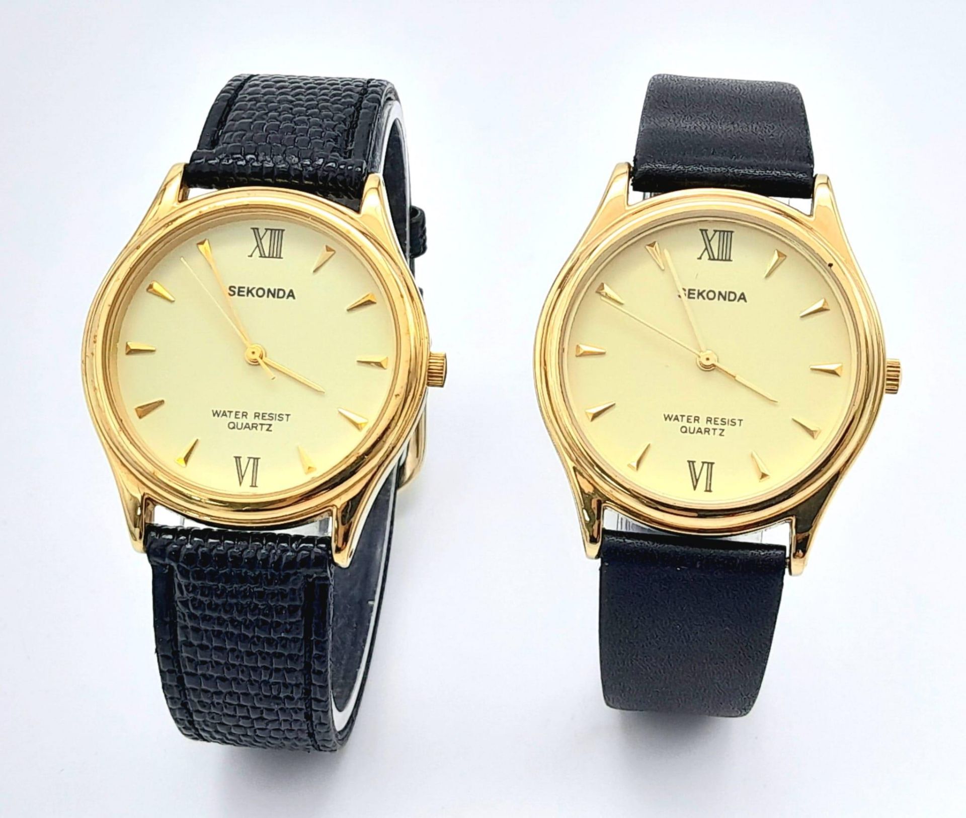 Two Sekonda Quartz Gents Watches. Black leather straps. Gilded stainless steel cases - 34mm. Both in - Bild 2 aus 6