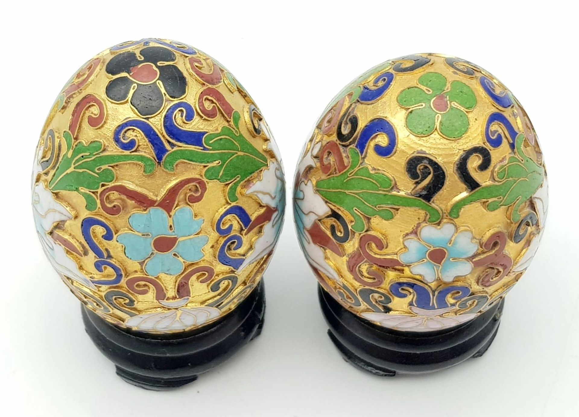 Two vintage and very ornamental Chinese cloisonne eggs standing on custom-made wooden bases. Height: - Image 4 of 5