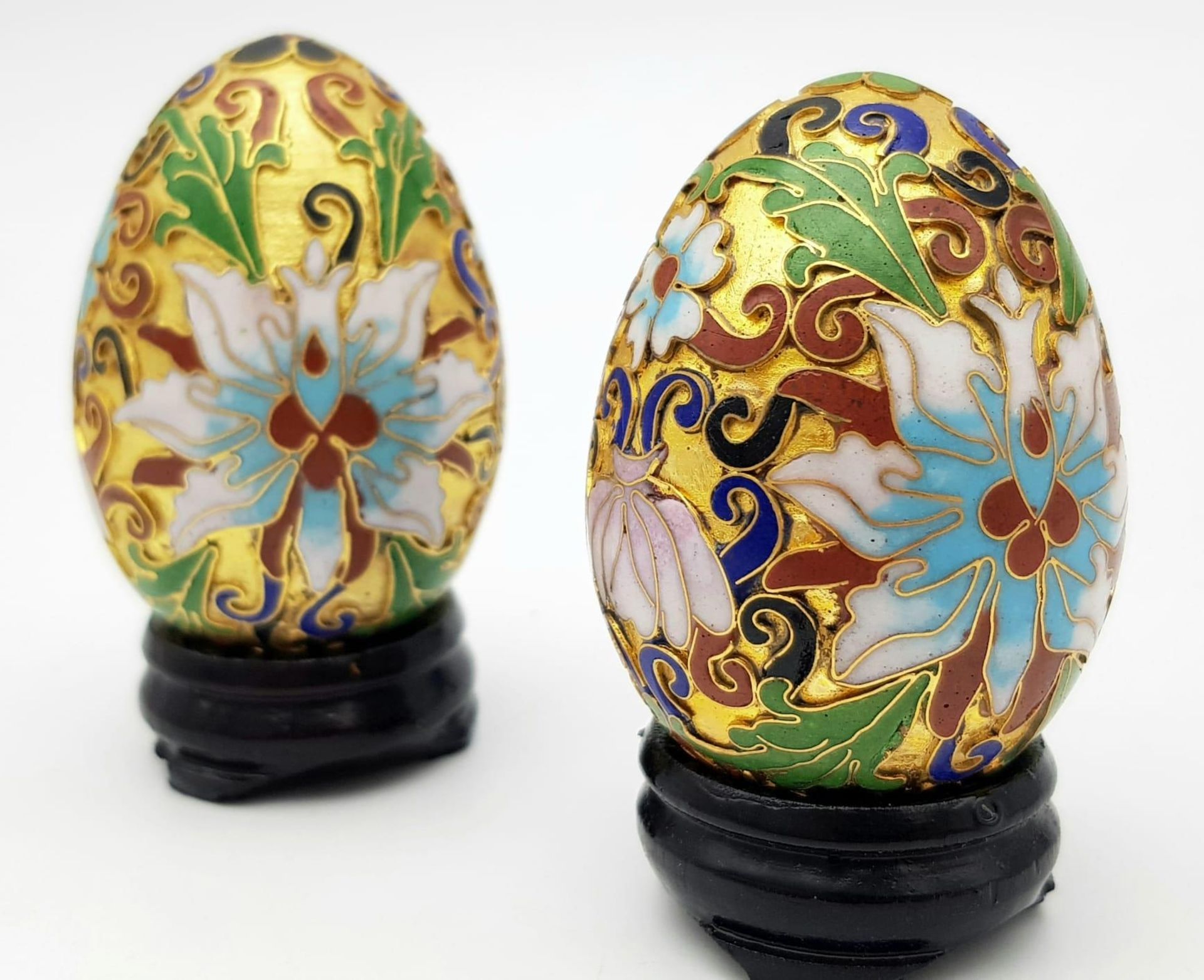 Two vintage and very ornamental Chinese cloisonne eggs standing on custom-made wooden bases. Height: - Image 3 of 5
