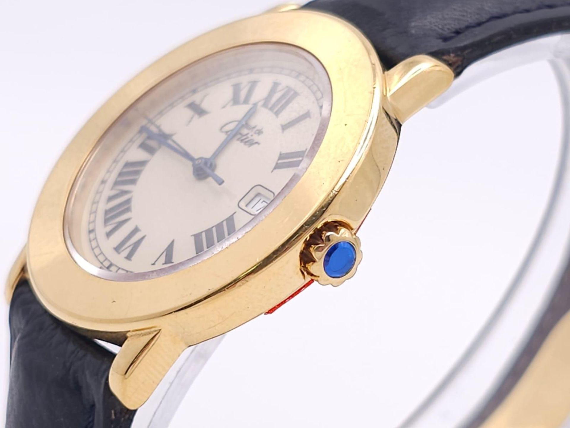 A Must De Cartier Gold Plated Silver Quartz Ladies Watch. Black leather strap. Gold plated silver - Bild 6 aus 22