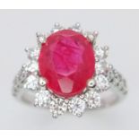14K WHITE GOLD DIAMOND & RED STONE CLUSTER RING, WITH APPROX 1CT DIAMONDS IN TOTAL, WEIGHT 5.3G SIZE