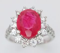 14K WHITE GOLD DIAMOND & RED STONE CLUSTER RING, WITH APPROX 1CT DIAMONDS IN TOTAL, WEIGHT 5.3G SIZE