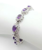 An Amethyst & White Zircon Gemstone 925 Silver Tennis Bracelet, Weight - 29g. Amethyst - 30ctw. 18cm