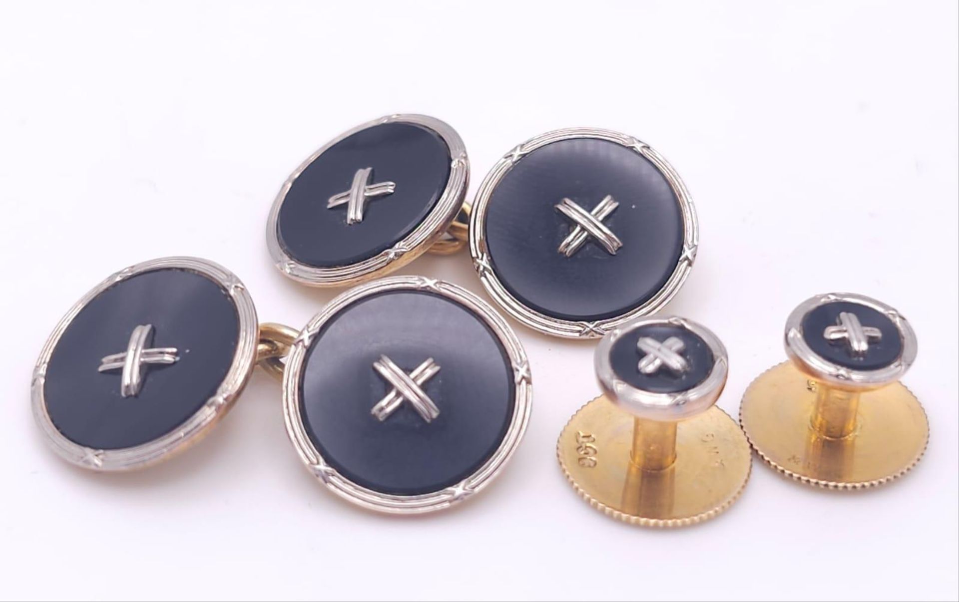 A Beautiful Set of Vintage Gold Cufflinks and Shirt Studs. 9k yellow gold bases with 18k white - Image 2 of 23