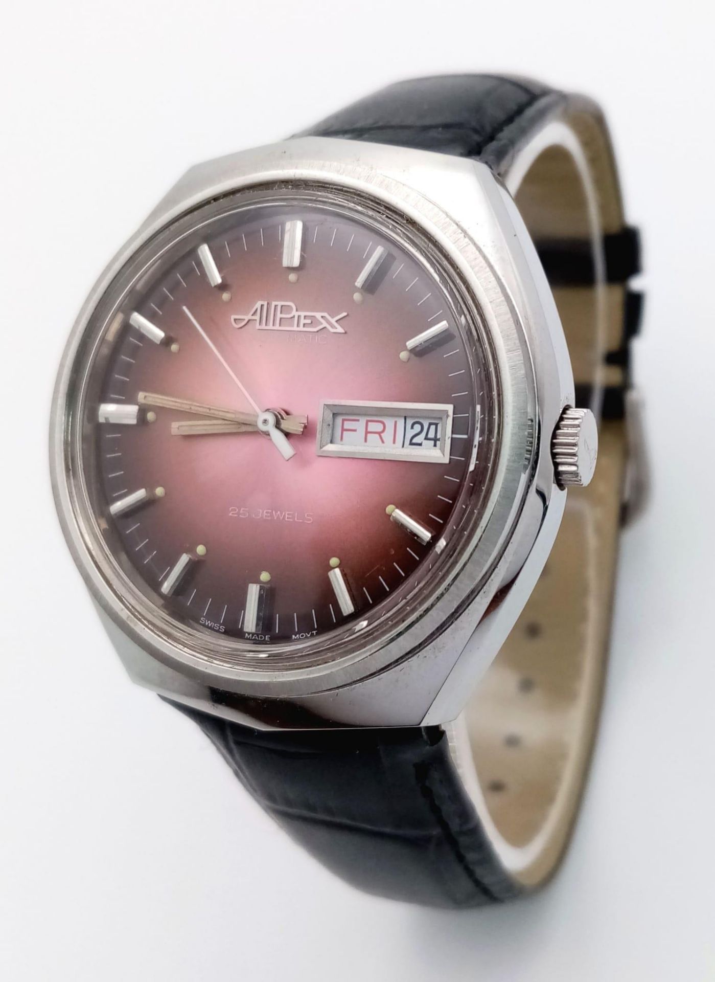 A Vintage Alpiex 25 Jewels Automatic Gents Watch. Blacl leather strap. Stainless steel case - - Bild 2 aus 5