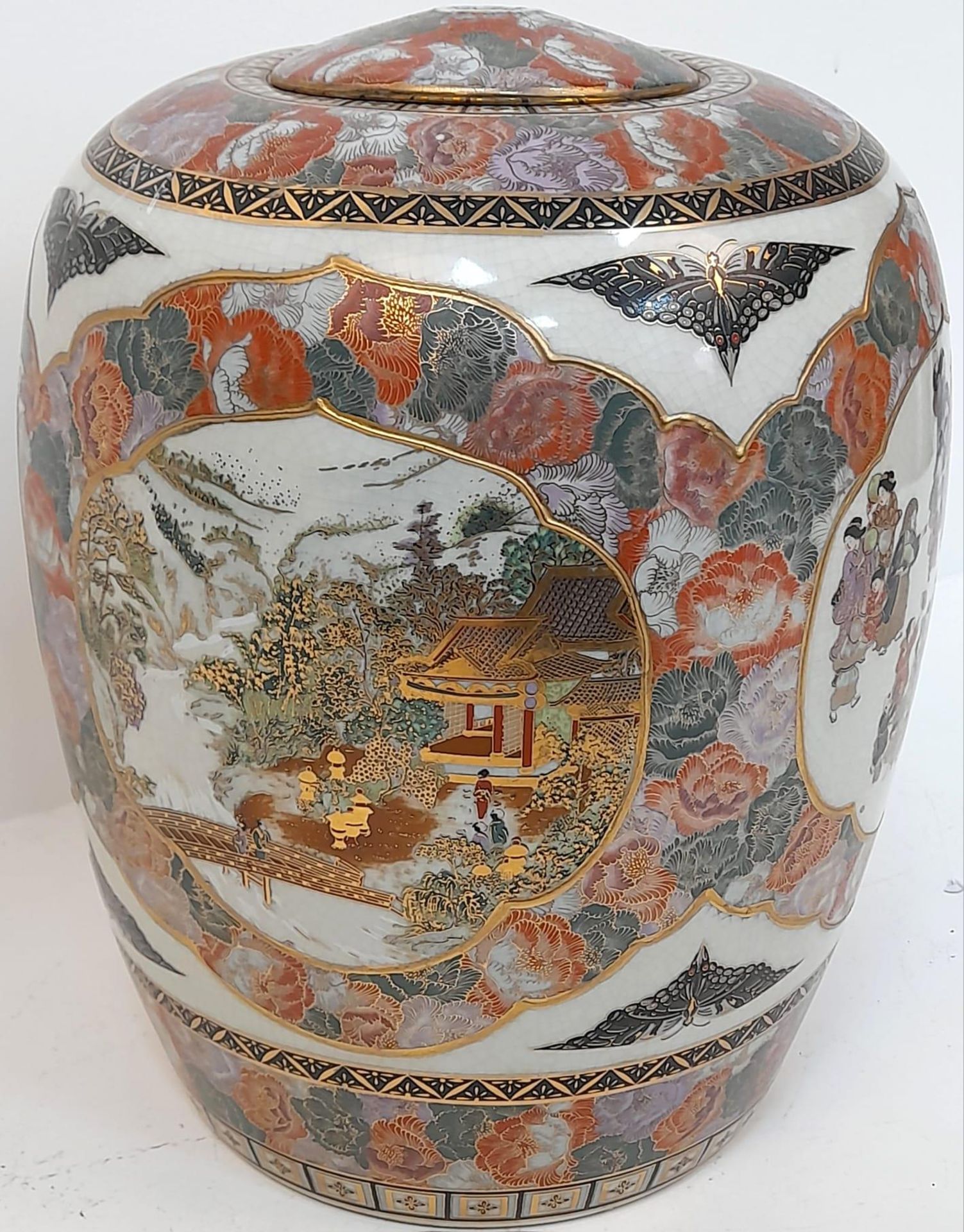 A LARGE ORIENTAL JAR IN THE STYLE OF YABU MEIZAN , HAS HOLES TOP AND BOTTOM READY FOR WIRING AS A - Image 10 of 13