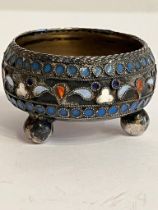 Antique Russian SILVER SALT DISH. Beautifully decorated with coloured enamel. Having full Russian