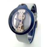 A VERTICALE unisex skeleton watch, dark blue case 42 mm, original grey/blue leather strap (