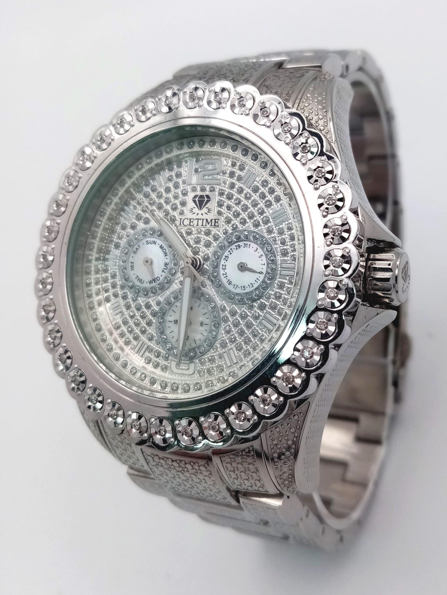 An Icetime Diamond Quartz Gents Watch. Stainless steel bracelet and case - 47mm. White stone - Image 2 of 8