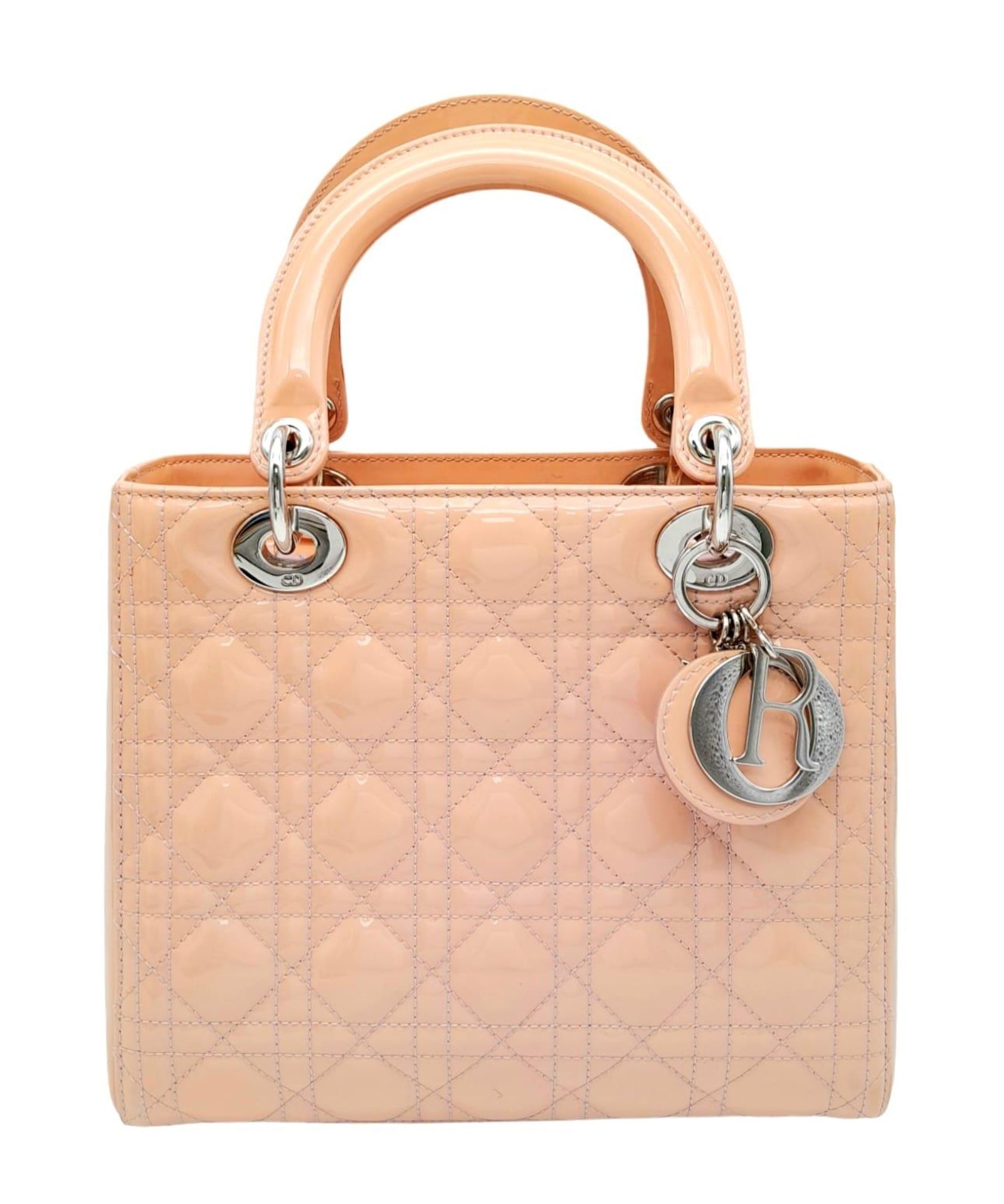 A pink Christian Dior Cannage quilted patent leather Lady Dior Bag. Removable shoulder strap, silver