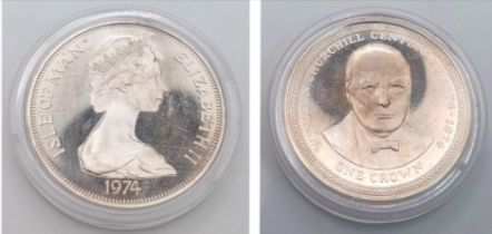 A 1974 Silver Proof Queen Elizabeth II - Churchill Crown Coin.