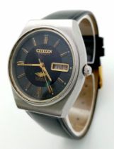 A Citizen Automatic 21 Jewels Gents Watch. Black leather strap. Stainless steel case - 36mm. Two