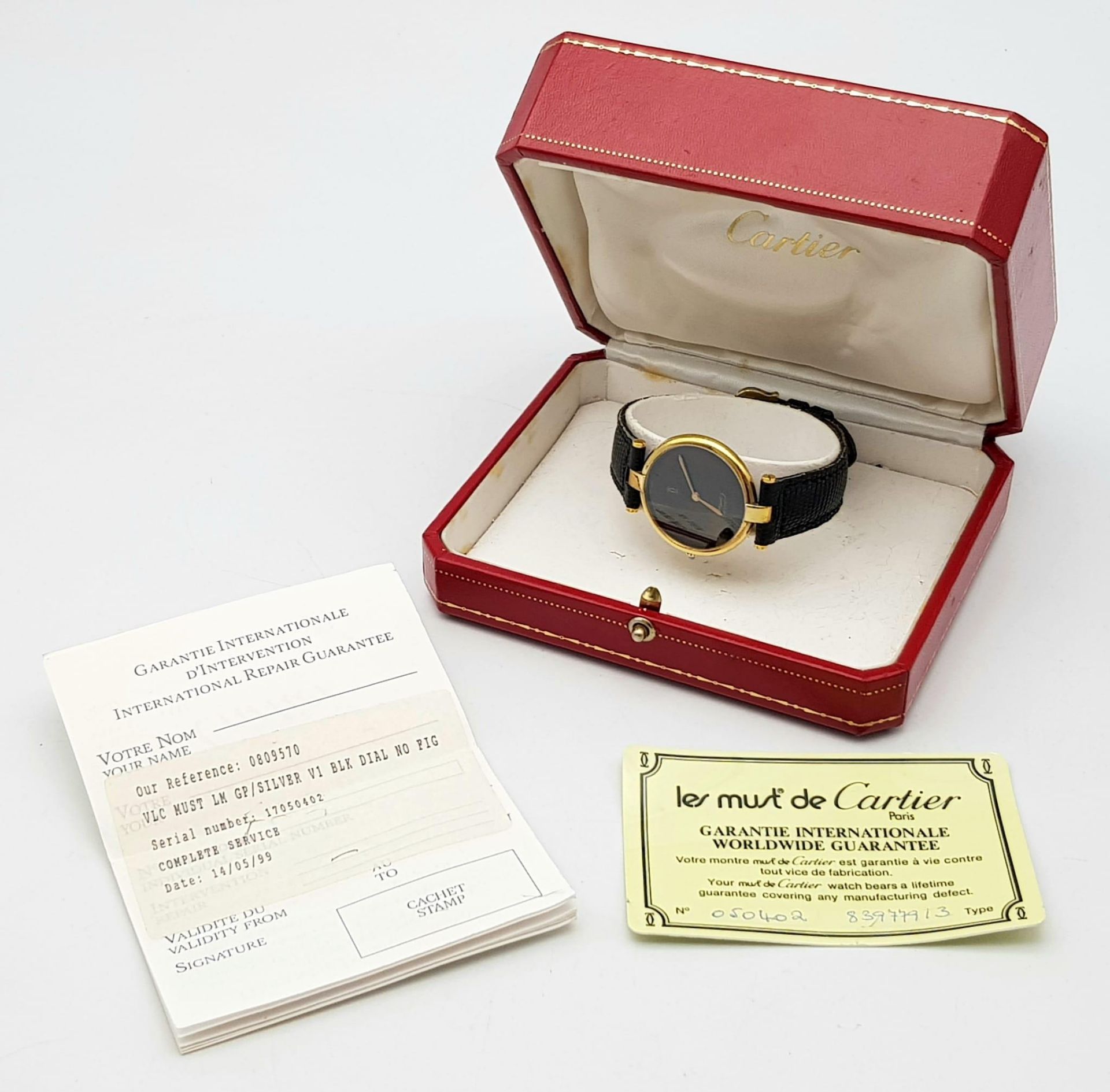 A Vintage (1980s) Must de Cartier Gold Plated Quartz Ladies Watch. Black leather strap. Gold - Bild 6 aus 9