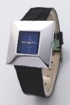 A Vintage Rodania Stylish Quartz Ladies Watch. Black leather strap. Square stainless steel case -