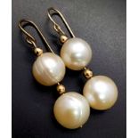 A pair of fresh water pearl earrings. One earring appears to have a 14 K yellow gold hook.