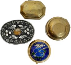 A group of four pill boxes: two brass, one brass with enamelled lid and one white metal (untested).
