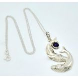 A Unique Vintage Sterling Silver and Amethyst ‘Blue Whale’ Design Pendant Necklace. The Pendant