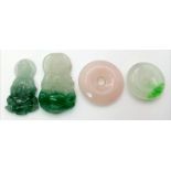 A Selection of Four Jade Pendants - Two Buddha and Two Doughnut.