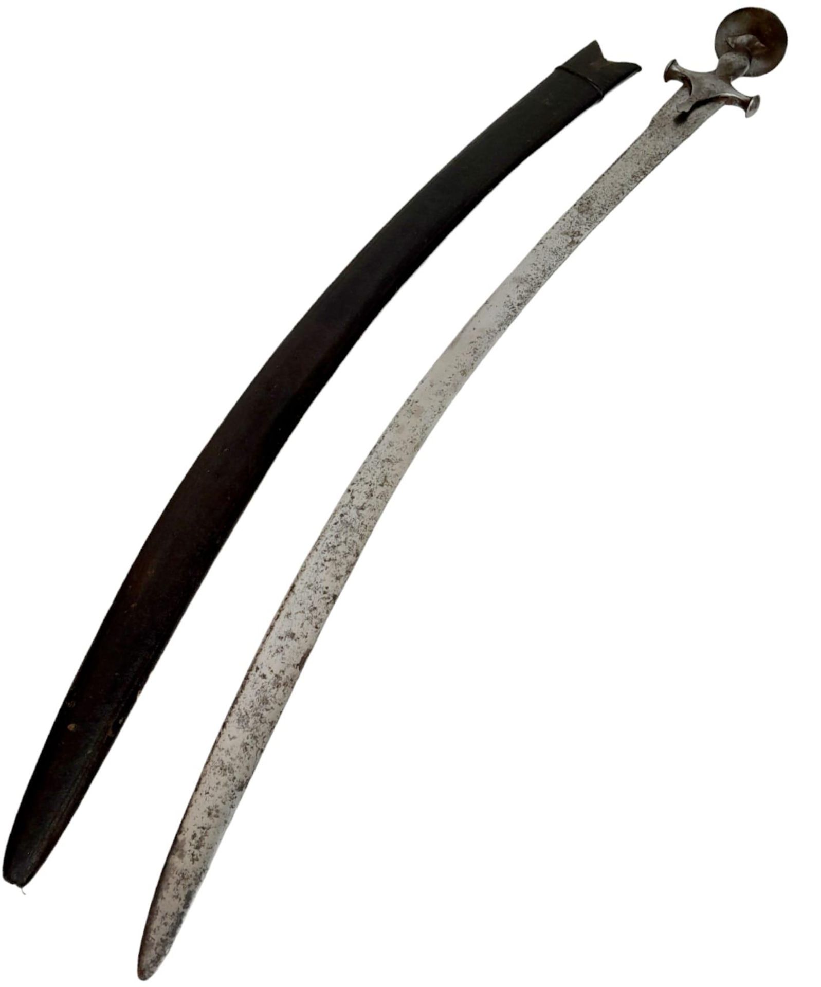 A Vintage Indian/Persian Tulwar Sword with Leather Scabbard. Iron Hilt with Cross Guard. 92cm