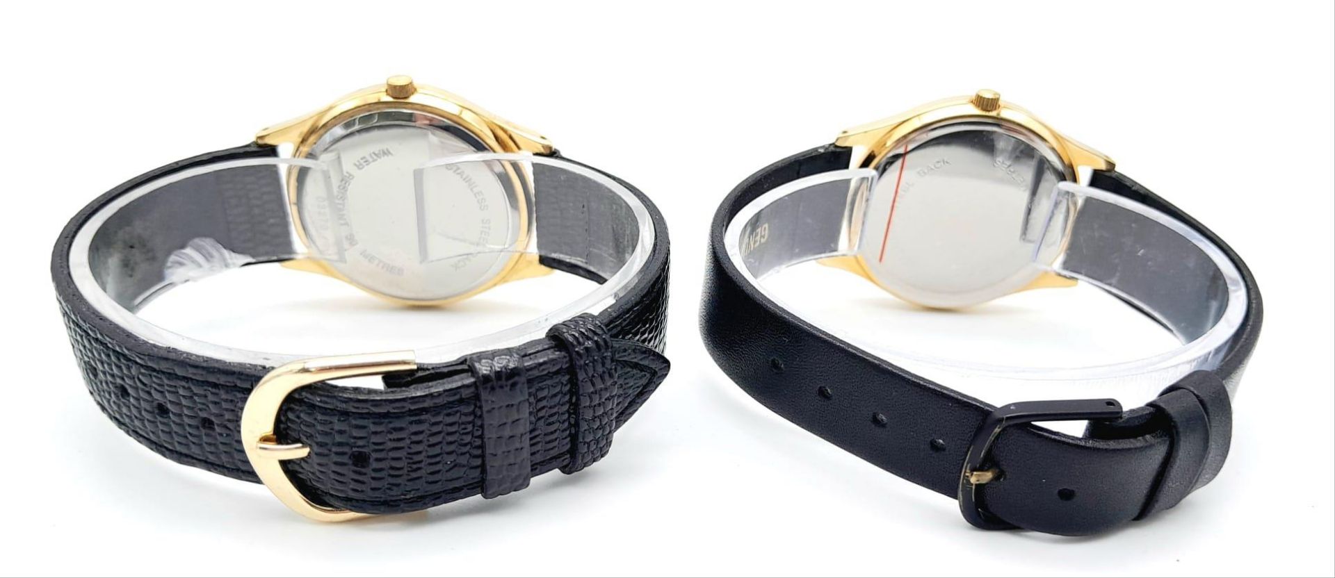 Two Sekonda Quartz Gents Watches. Black leather straps. Gilded stainless steel cases - 34mm. Both in - Bild 4 aus 6