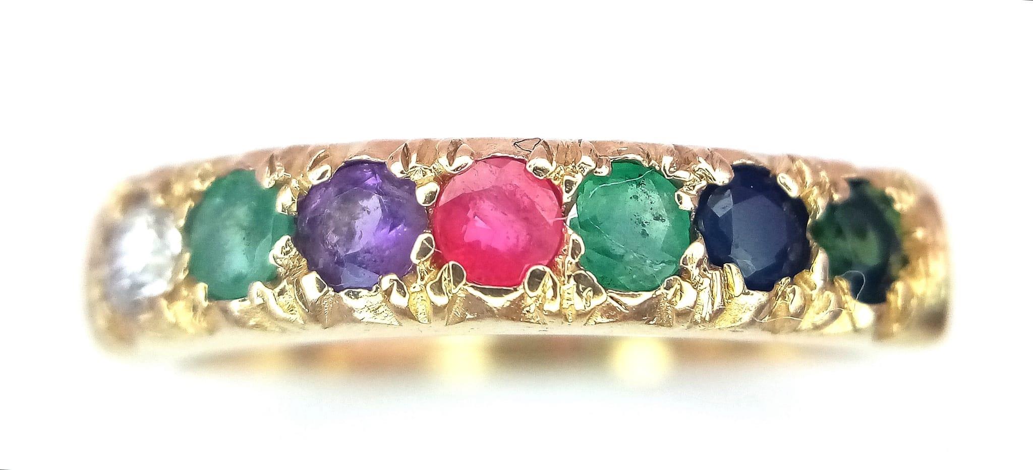 A PRETTY 9K YELLOW GOLD MULTI GEMSTONES SET DEAREST RING, WEIGHT 2.9G SIZE S - Image 5 of 11