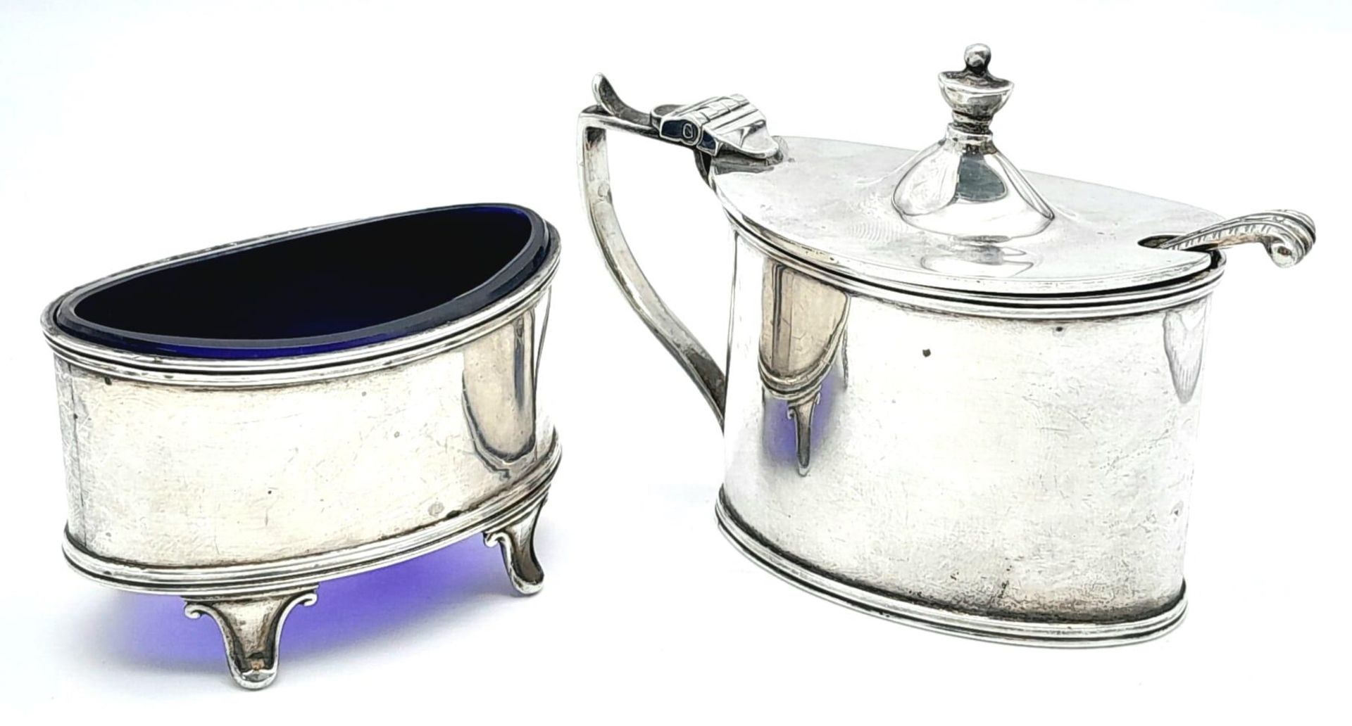 2X vintage sterling silver condiment pots (include blue glasses) with full London hallmarks, 1941.