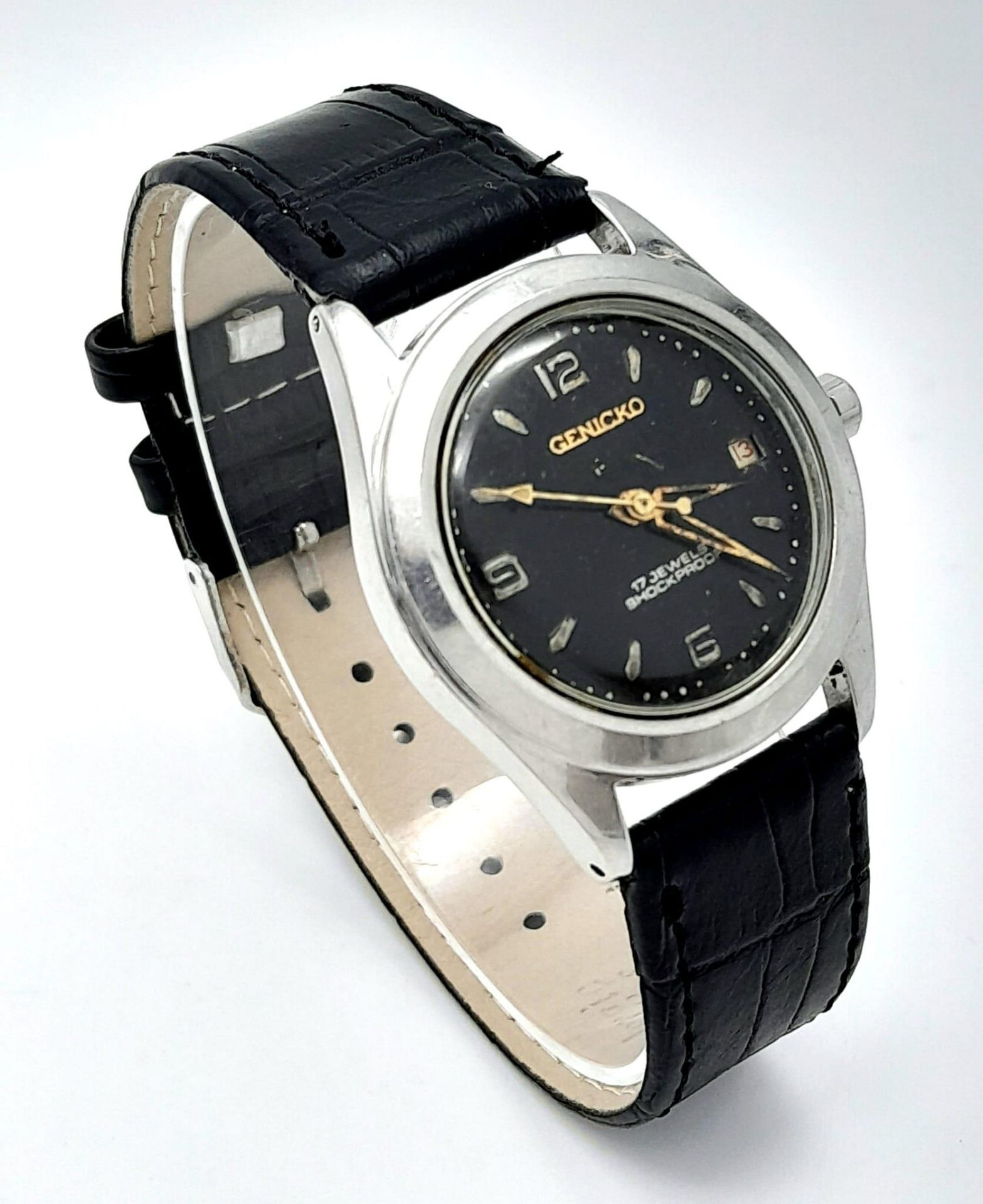A Vintage Genicko Gents Mechanical Watch. Black leather strap. Stainless steel case - 36mm. Black - Image 4 of 11