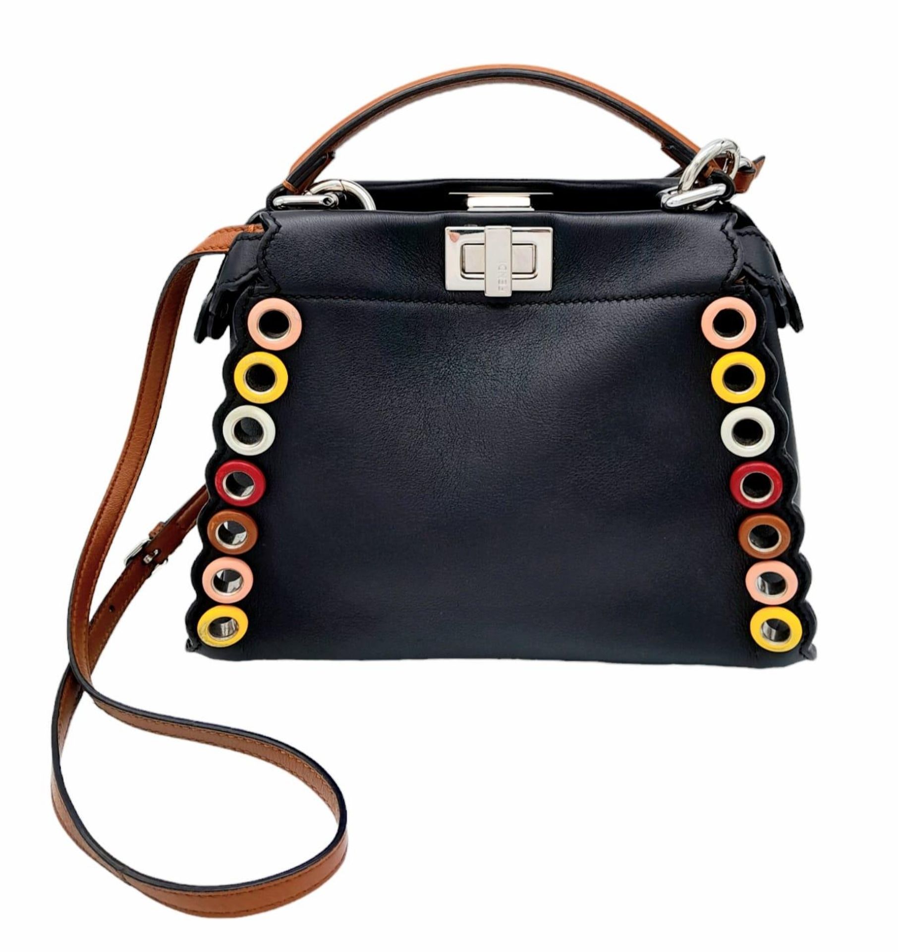 A Fendi Nappa scalloped grommet mini peakaboo satchel bag in black and multicolour. Black leather