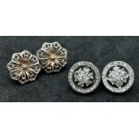 2X fancy pairs of 925 silver stone set floral cluster earrings. Total weight 3.85G.