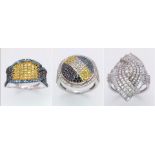 Three 9K White Gold Different Style and Colour Cluster Diamond Rings. All size N. 11.66g total