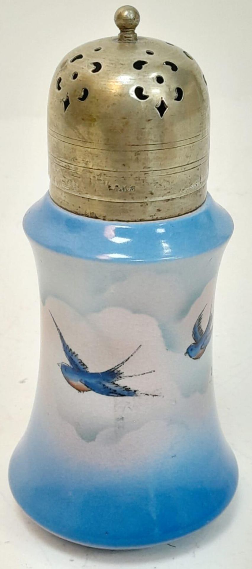 A PALISSY sugar shaker, fine hand painted porcelain with silver top, height: 15 cm