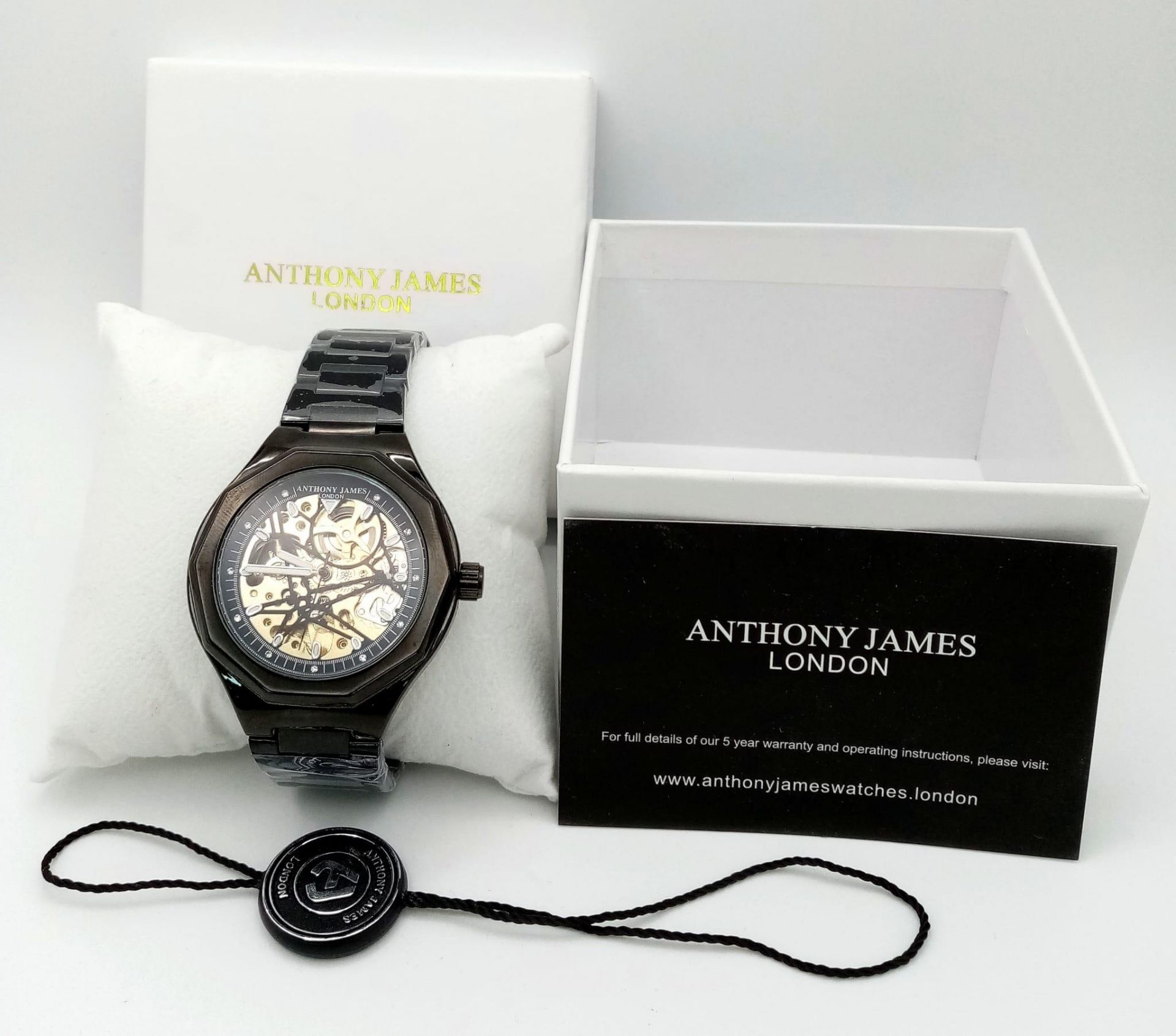 An Anthony James of London Automatic Skeleton Gents Watch. Black ceramic bracelet and case - 42mm. - Bild 5 aus 5