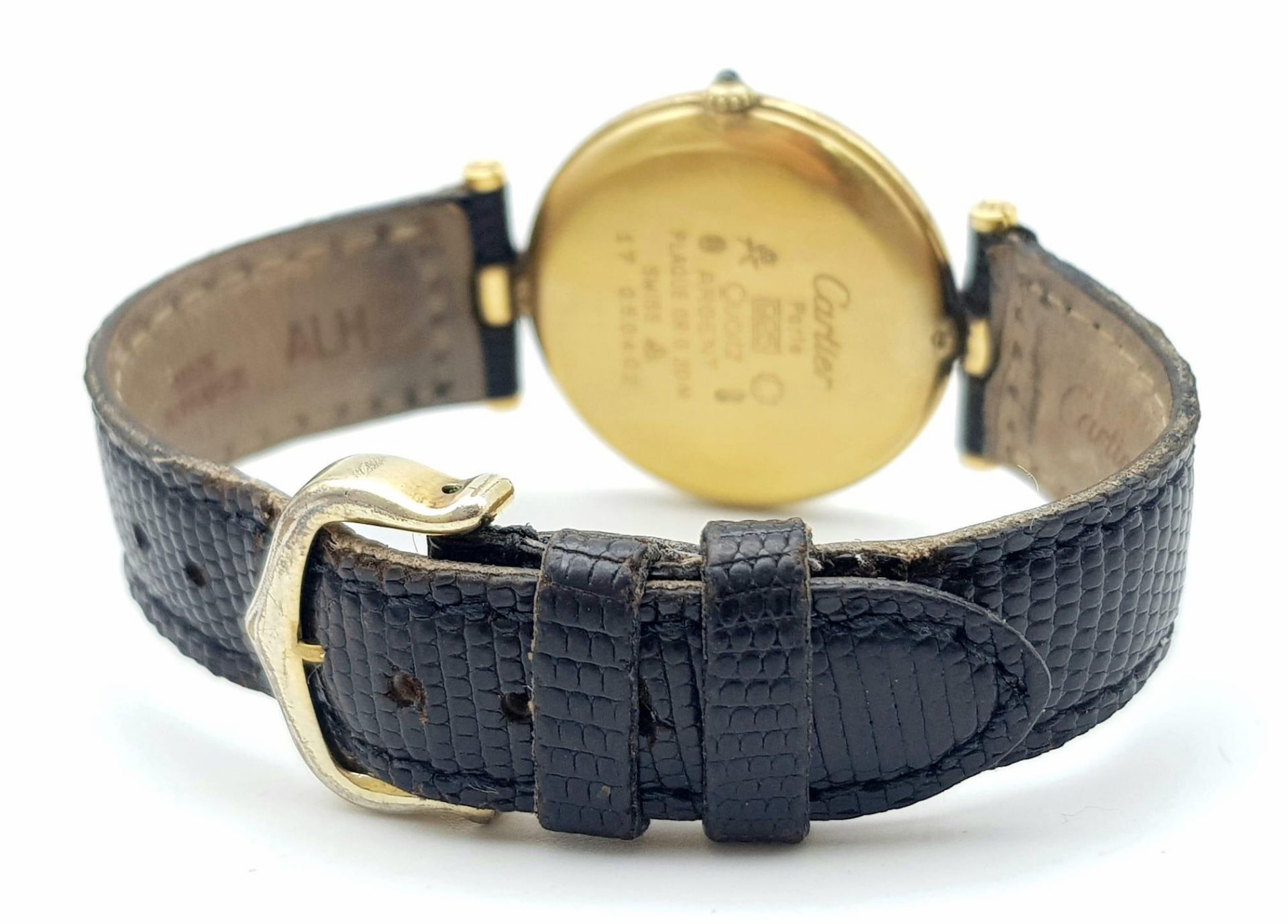 A Vintage (1980s) Must de Cartier Gold Plated Quartz Ladies Watch. Black leather strap. Gold - Bild 4 aus 9